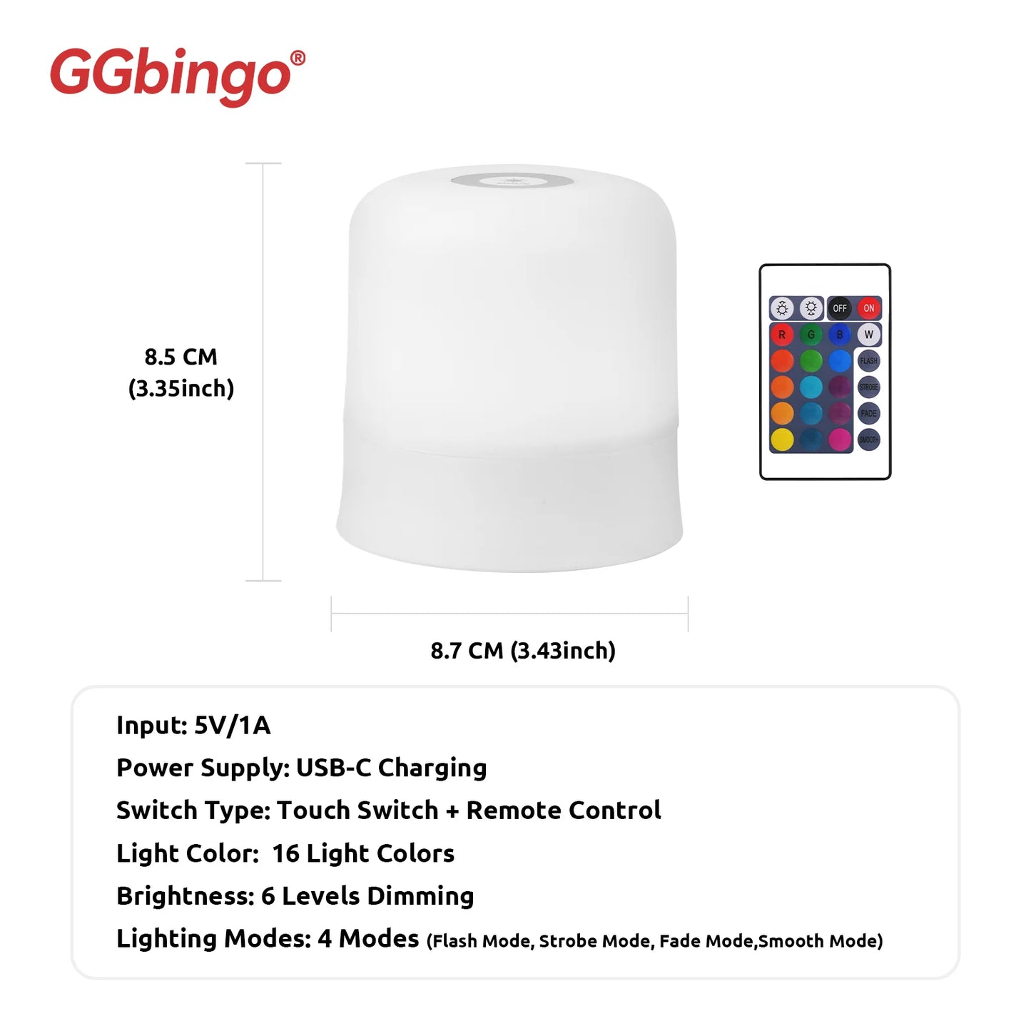 RGB Touch Night Light with Remote Control - 16 Colors